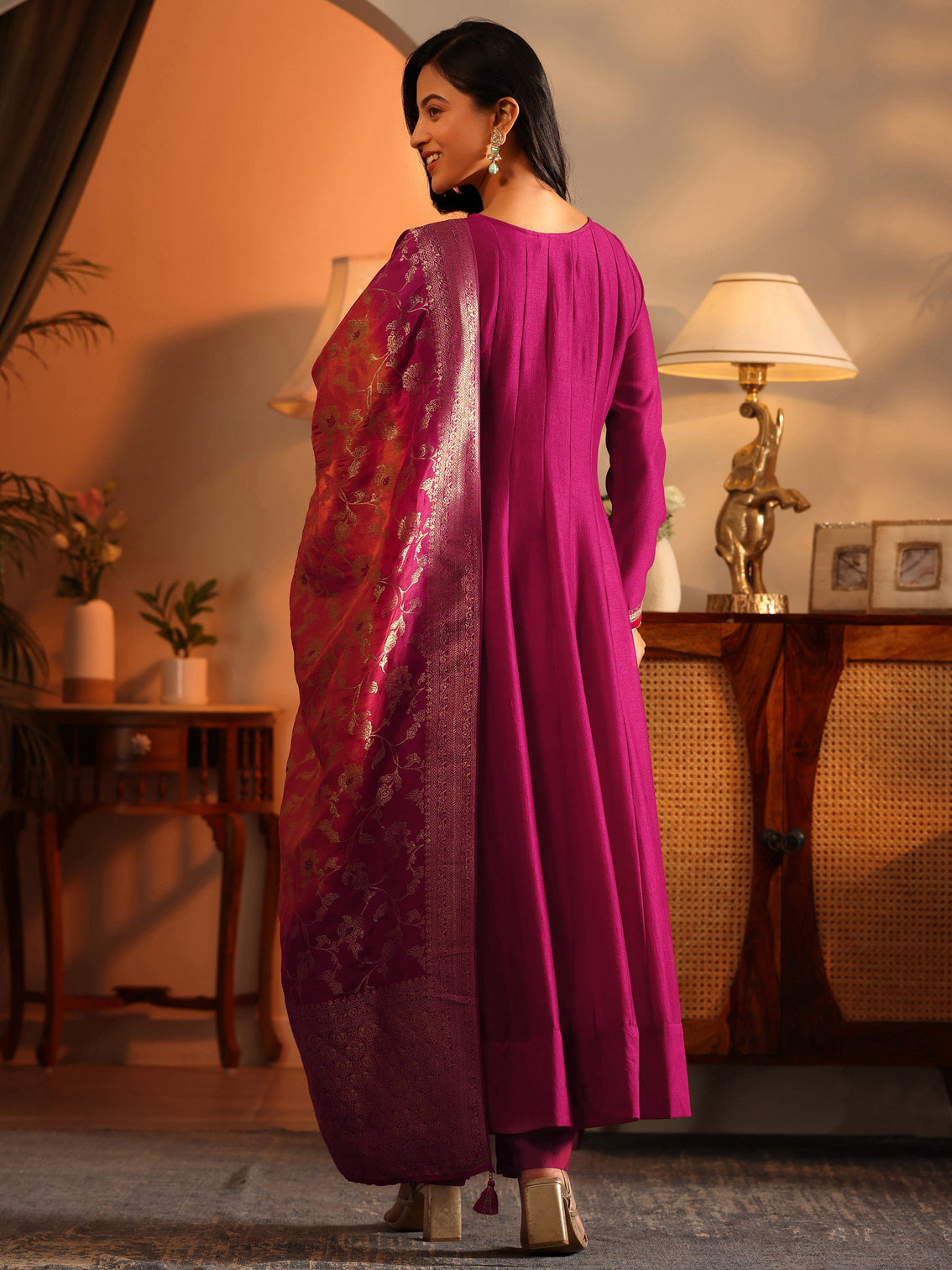 Mameraa Magenta Woven Design Silk Blend Anarkali Suit Set With Dupatta