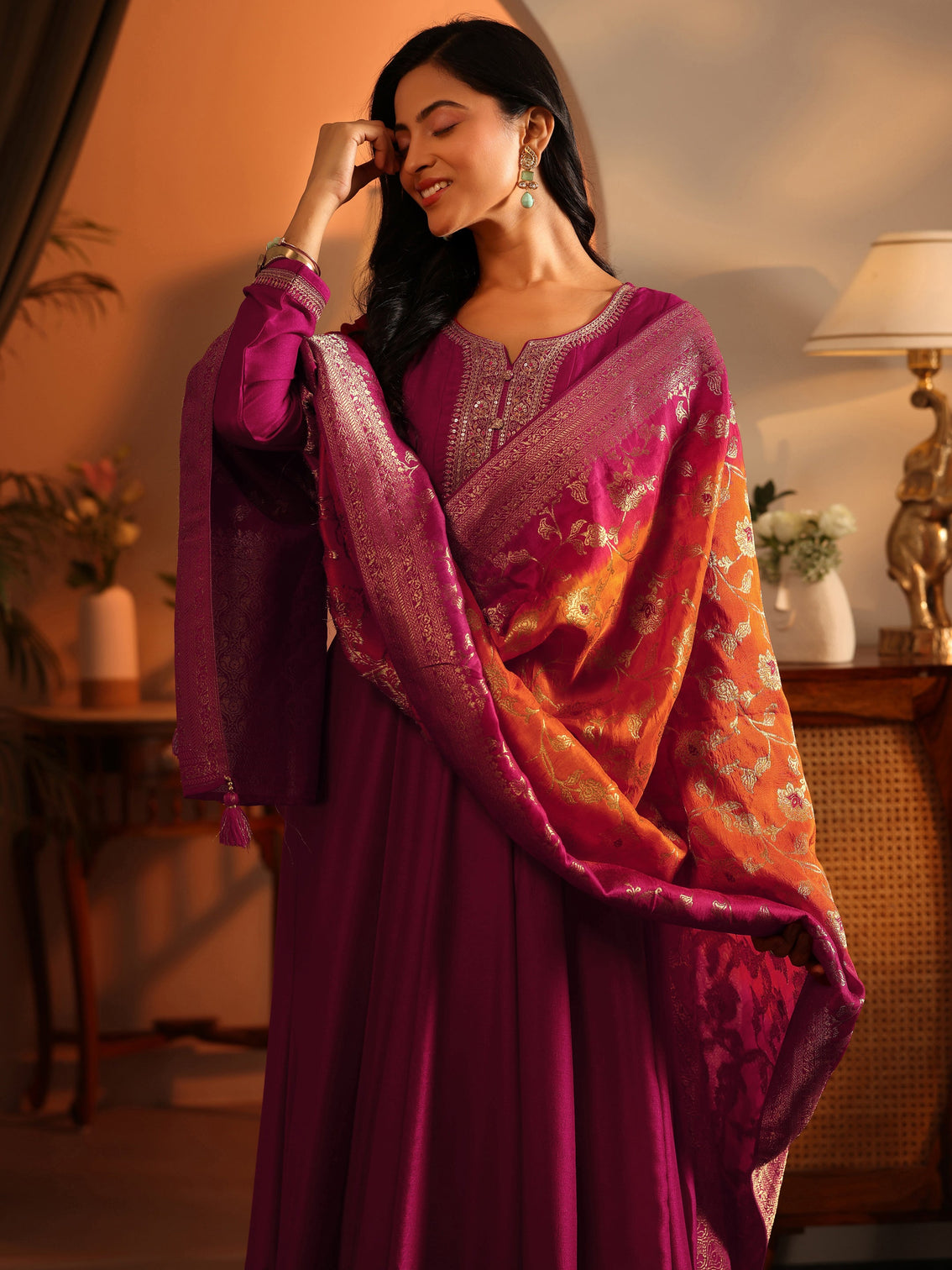 Mameraa Magenta Woven Design Silk Blend Anarkali Suit Set With Dupatta