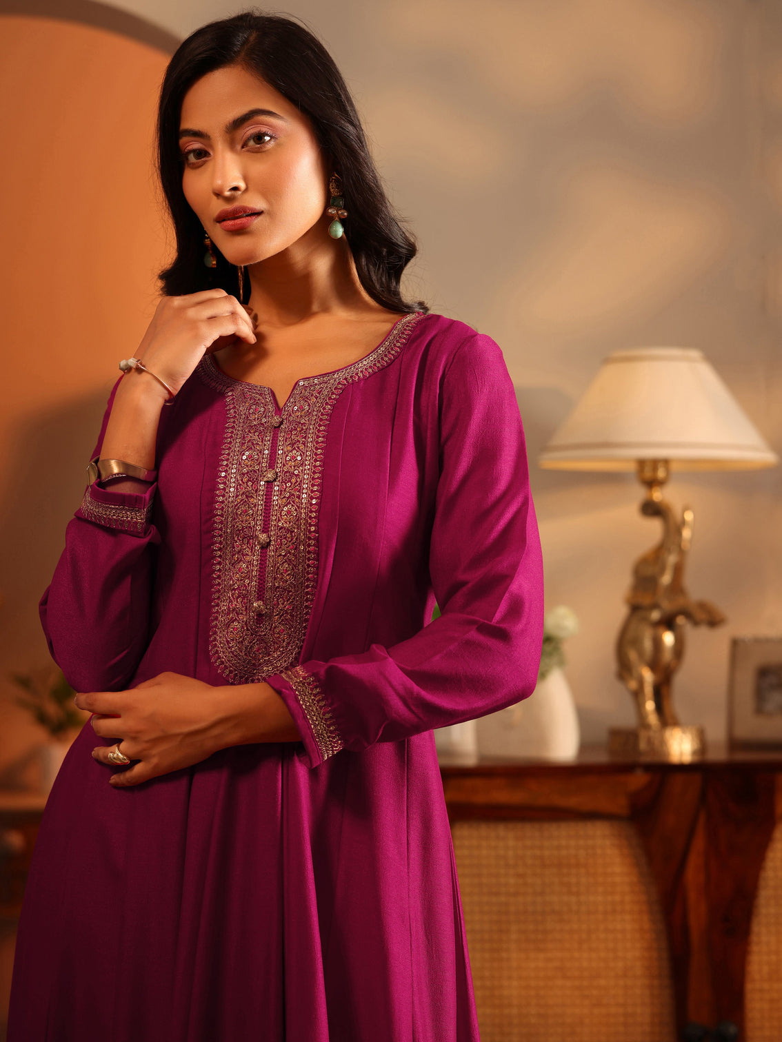 Mameraa Magenta Woven Design Silk Blend Anarkali Suit Set With Dupatta