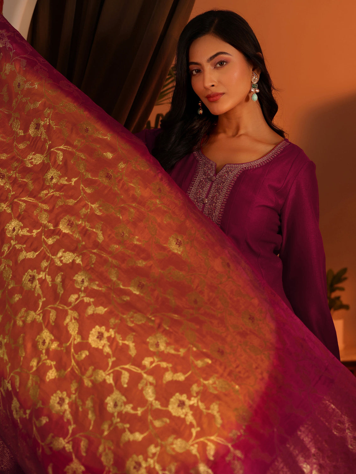 Mameraa Magenta Woven Design Silk Blend Anarkali Suit Set With Dupatta