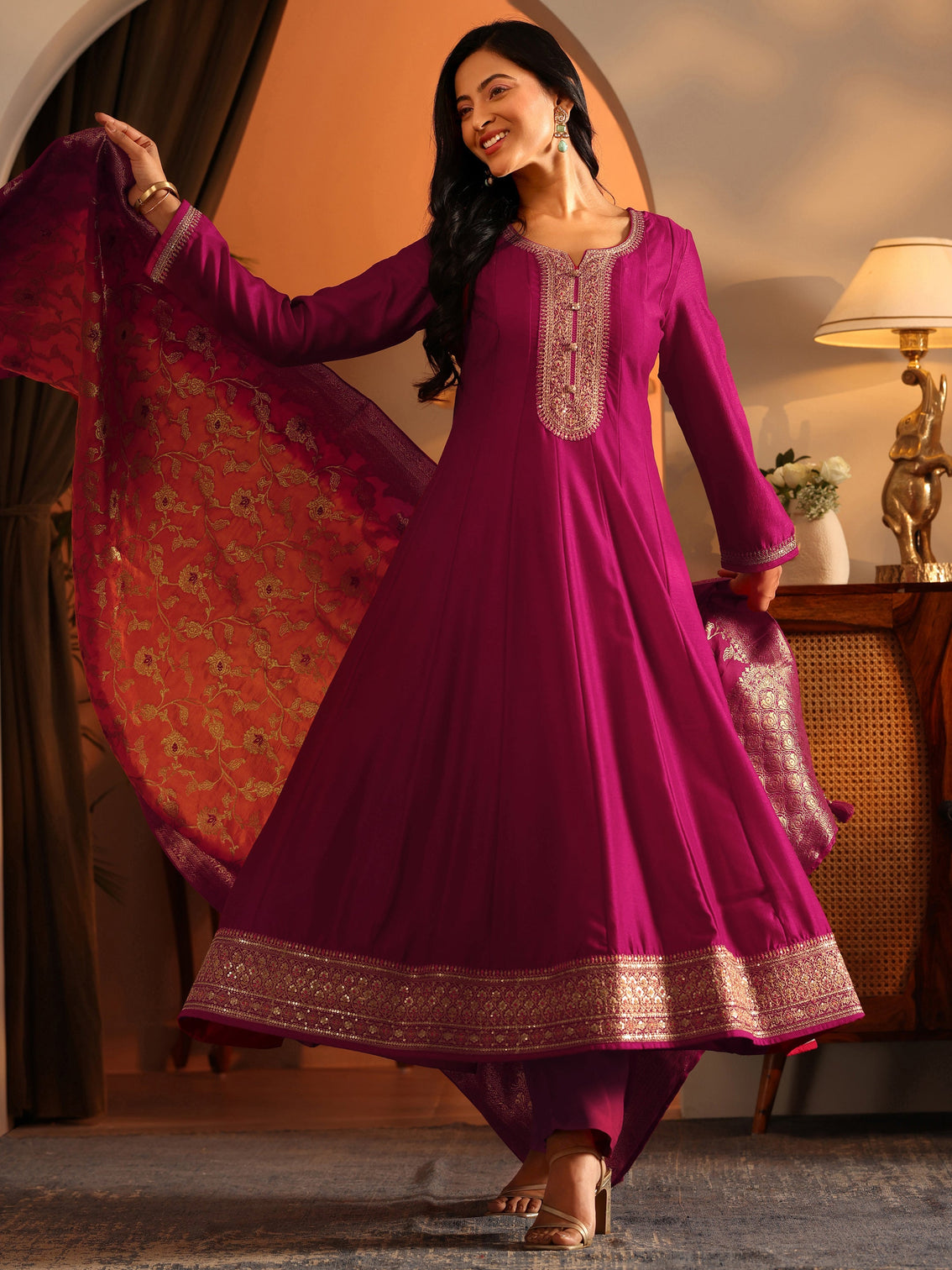 Mameraa Magenta Woven Design Silk Blend Anarkali Suit Set With Dupatta