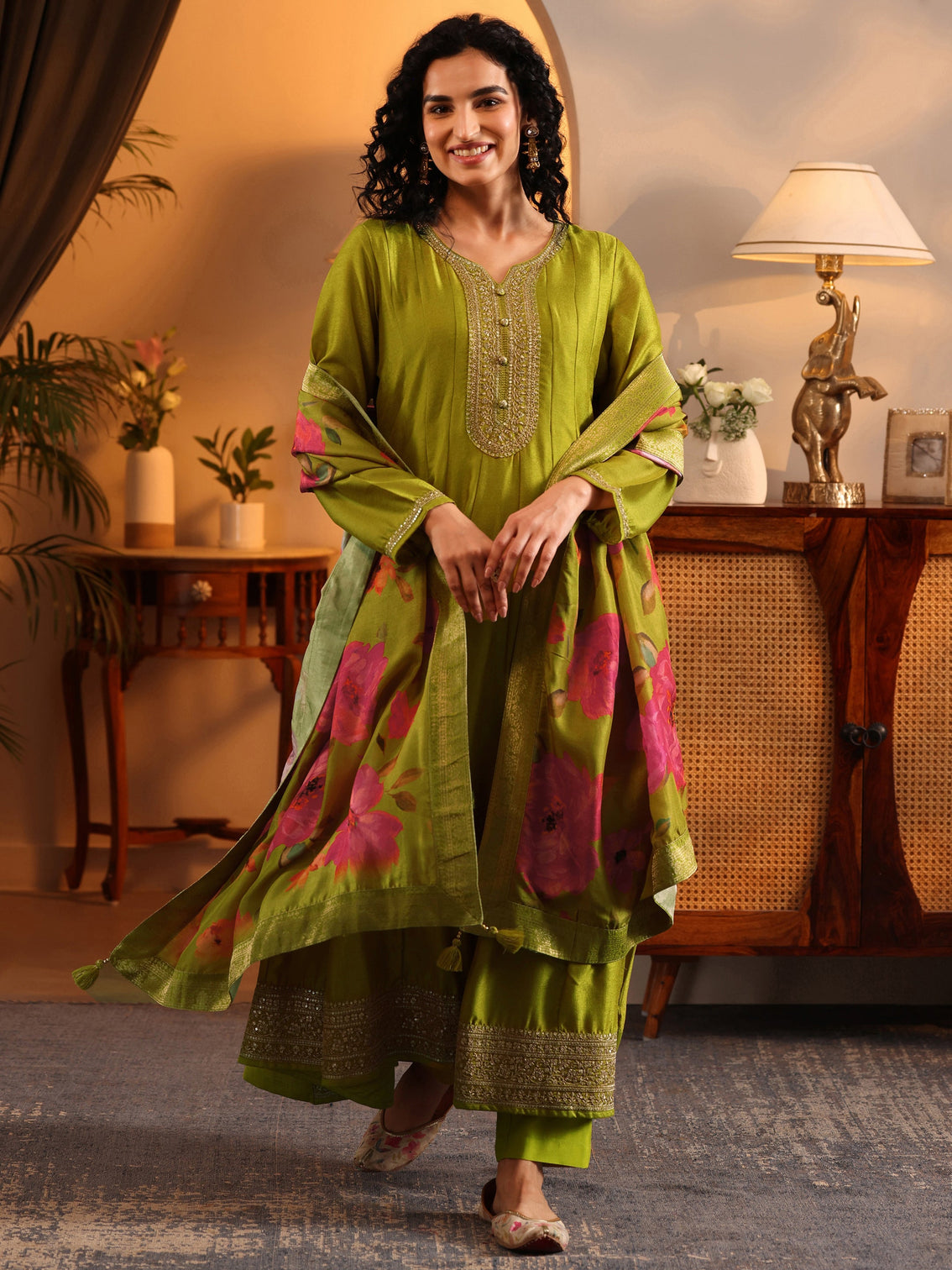 Mameraa Lime Green Embroidered Silk Blend Anarkali Suit Set With Dupatta