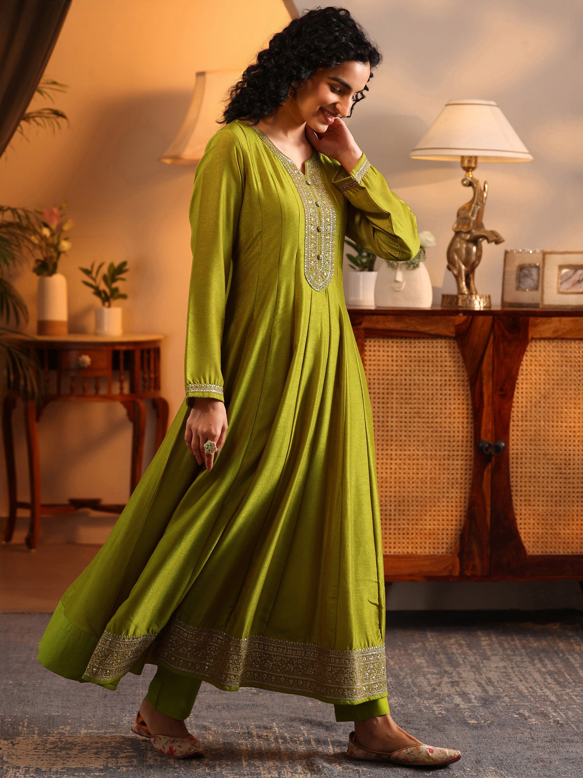 Mameraa Lime Green Embroidered Silk Blend Anarkali Suit Set With Dupatta