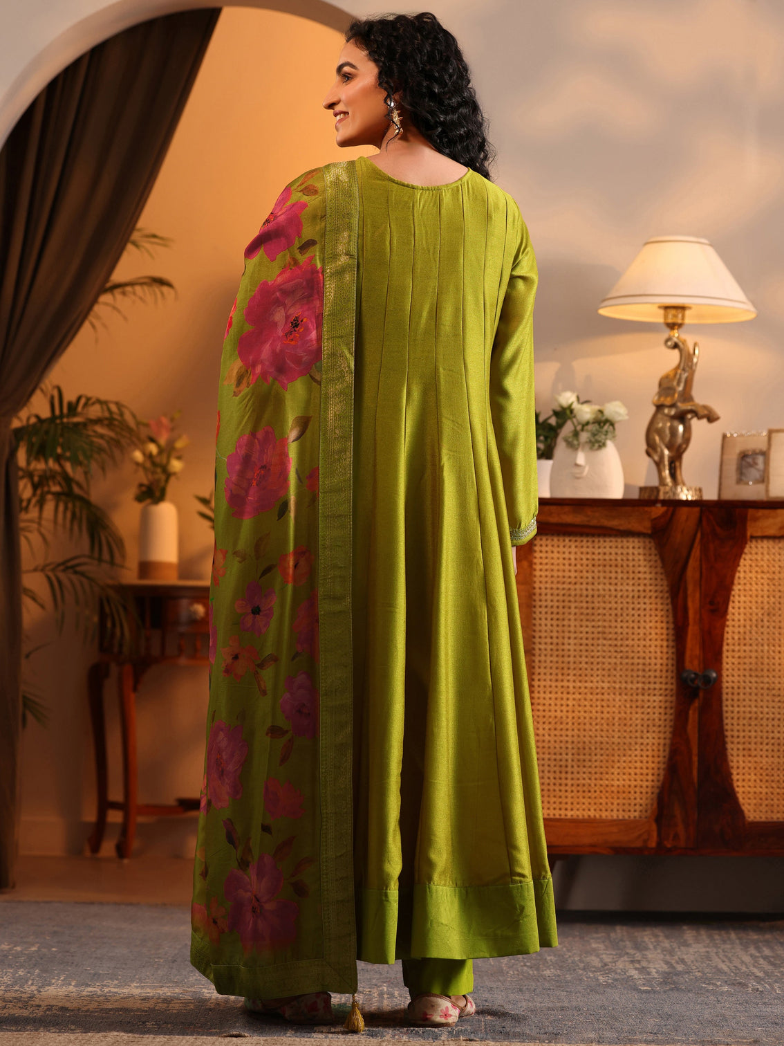 Mameraa Lime Green Embroidered Silk Blend Anarkali Suit Set With Dupatta
