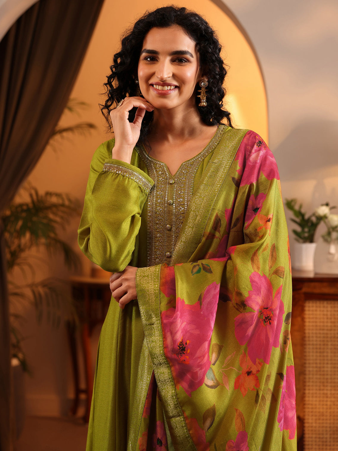 Mameraa Lime Green Embroidered Silk Blend Anarkali Suit Set With Dupatta