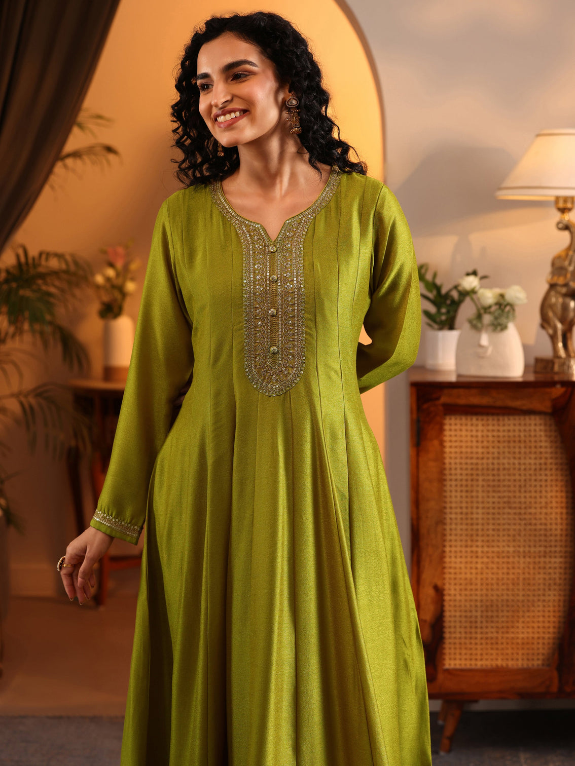 Mameraa Lime Green Embroidered Silk Blend Anarkali Suit Set With Dupatta