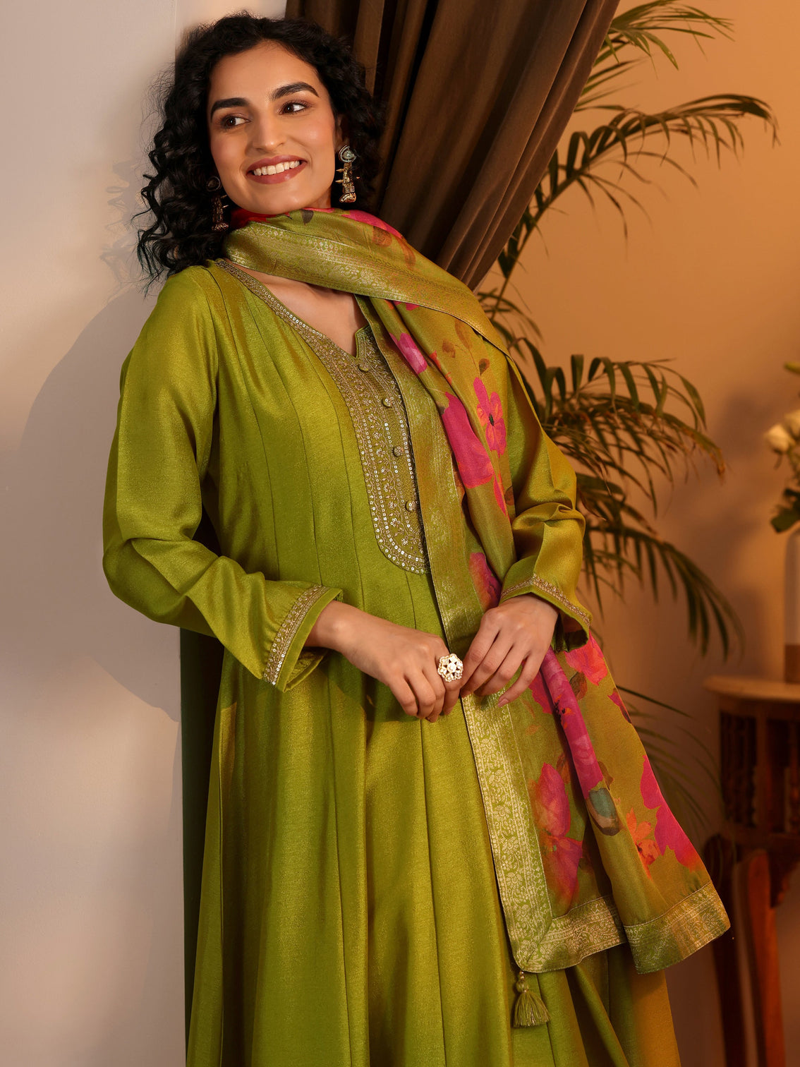 Mameraa Lime Green Embroidered Silk Blend Anarkali Suit Set With Dupatta