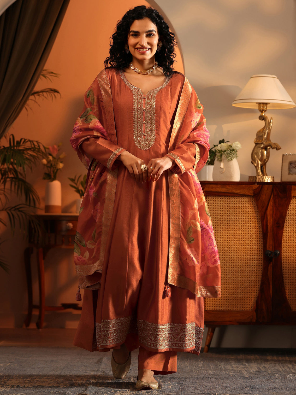 Mameraa Orange Embroidered Silk Blend Anarkali Suit Set With Dupatta