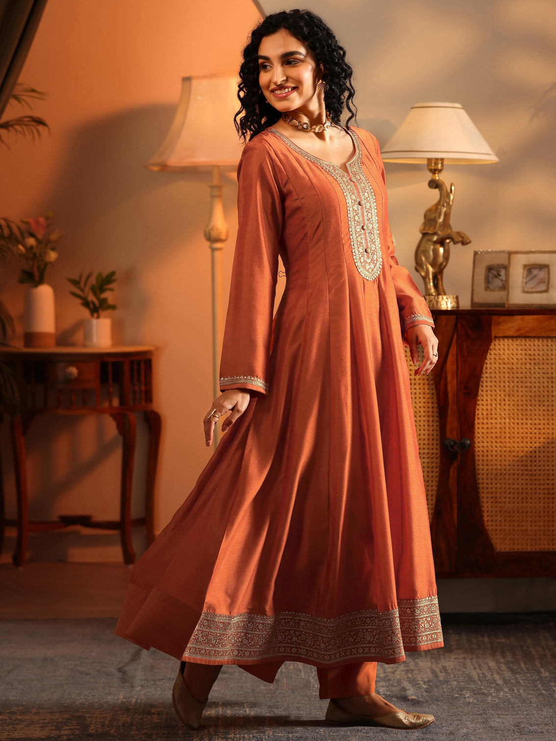 Mameraa Orange Embroidered Silk Blend Anarkali Suit Set With Dupatta