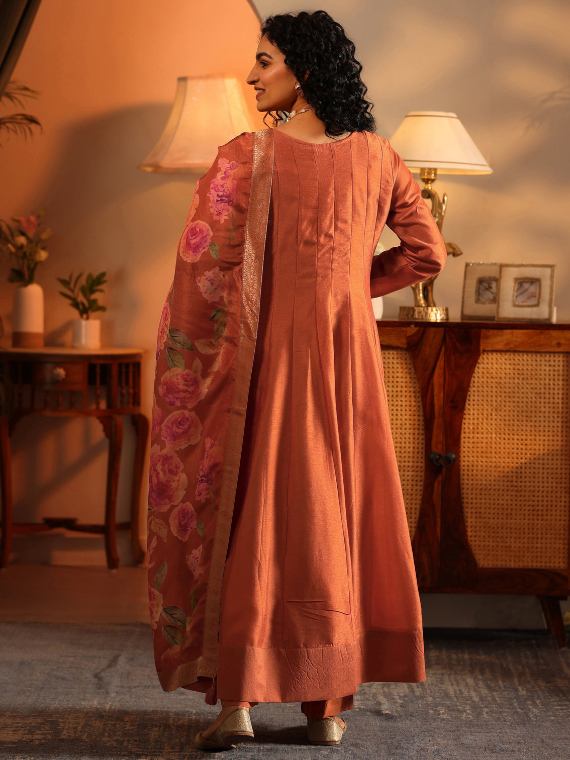 Mameraa Orange Embroidered Silk Blend Anarkali Suit Set With Dupatta
