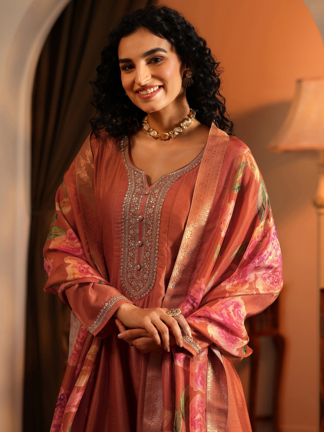 Mameraa Orange Embroidered Silk Blend Anarkali Suit Set With Dupatta