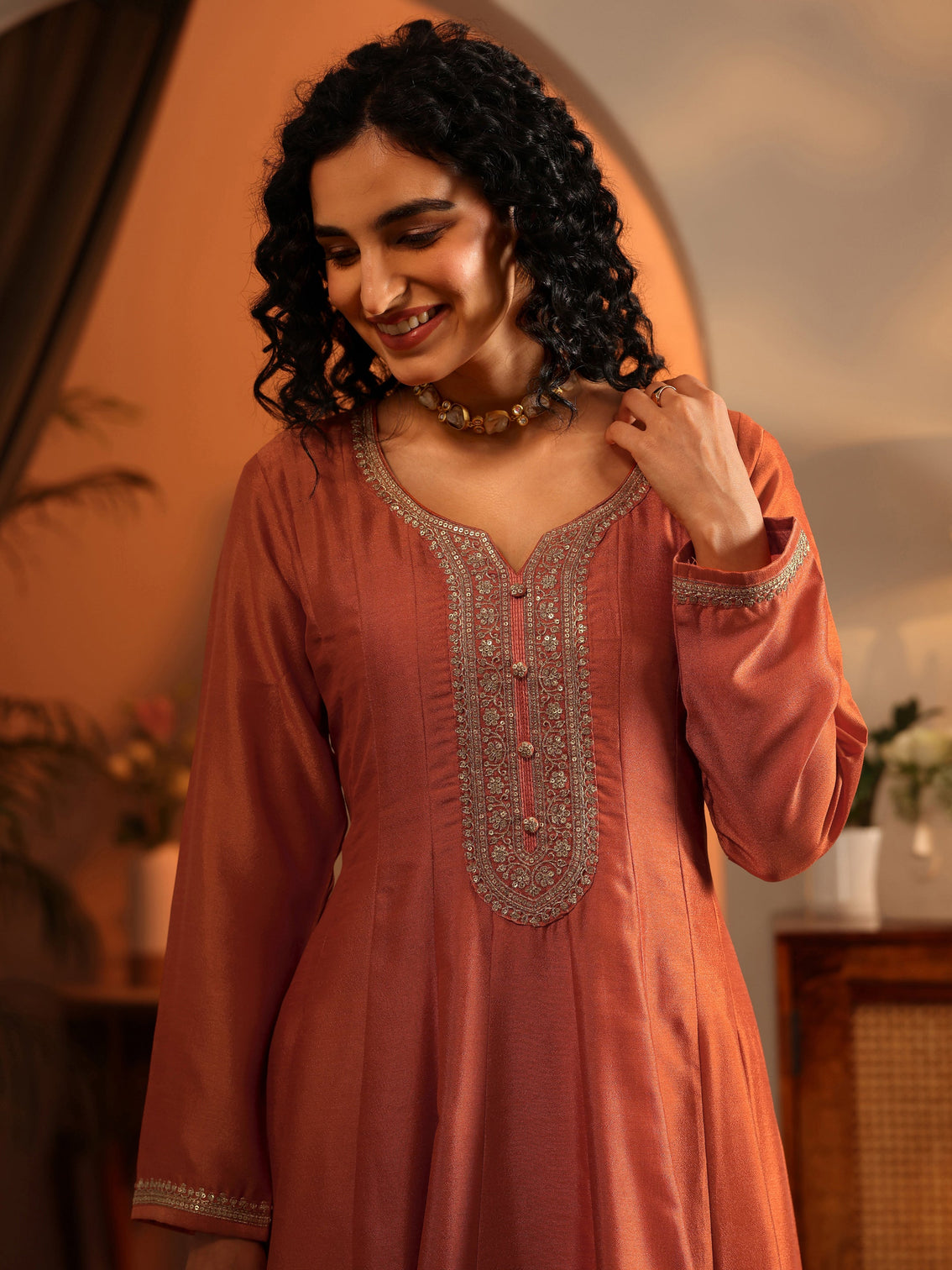 Mameraa Orange Embroidered Silk Blend Anarkali Suit Set With Dupatta