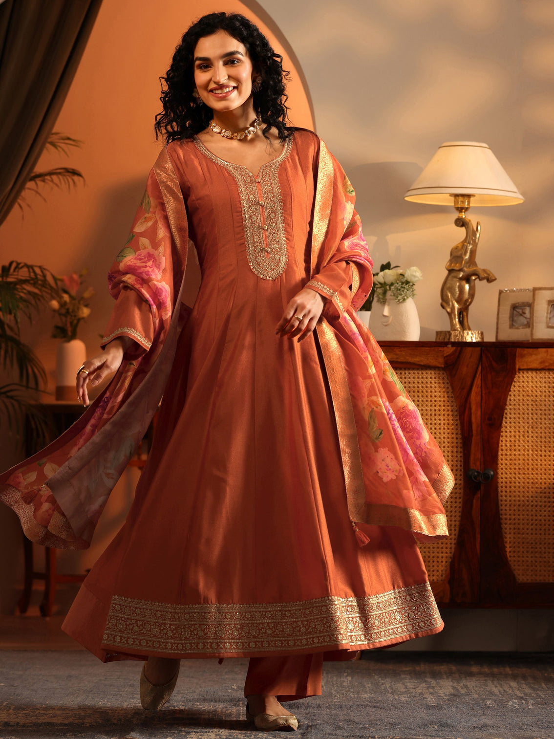 Mameraa Orange Embroidered Silk Blend Anarkali Suit Set With Dupatta