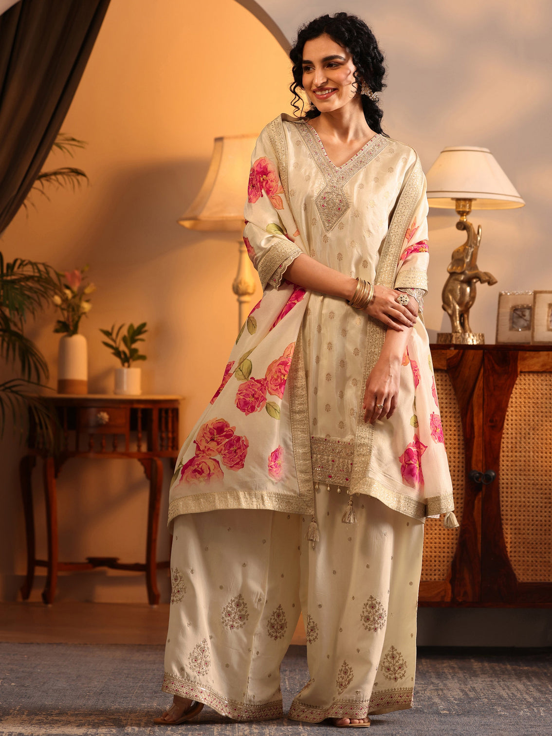 Mameraa Cream Woven Design Silk Blend Straight Suit Set With Dupatta