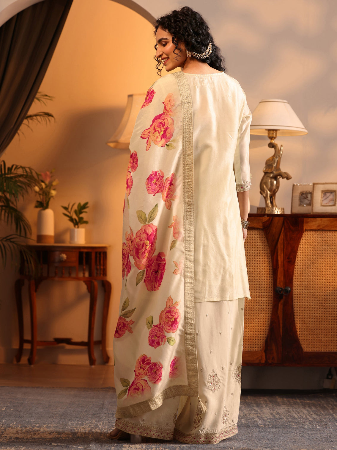 Mameraa Cream Woven Design Silk Blend Straight Suit Set With Dupatta