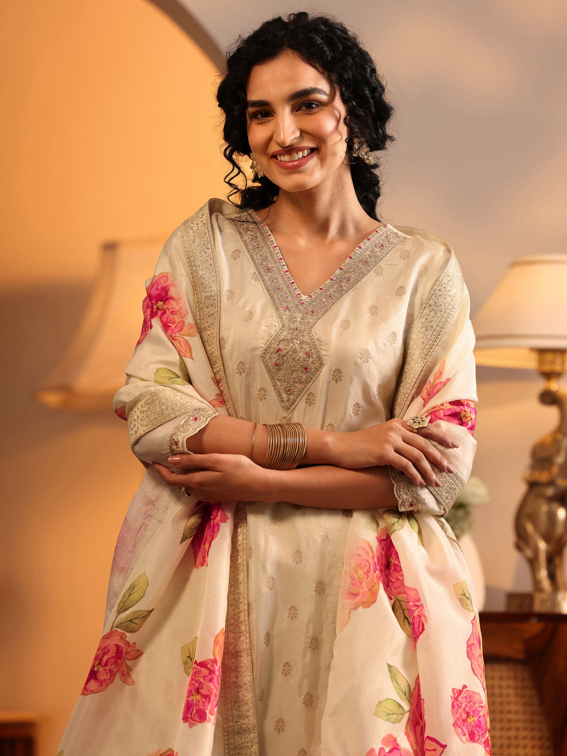 Mameraa Cream Woven Design Silk Blend Straight Suit Set With Dupatta