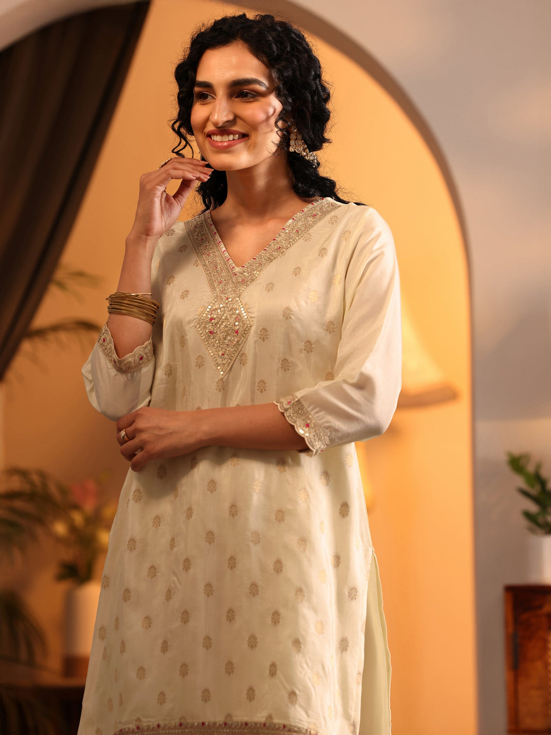 Mameraa Cream Woven Design Silk Blend Straight Suit Set With Dupatta