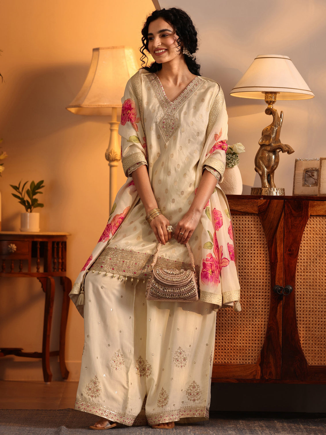 Mameraa Cream Woven Design Silk Blend Straight Suit Set With Dupatta