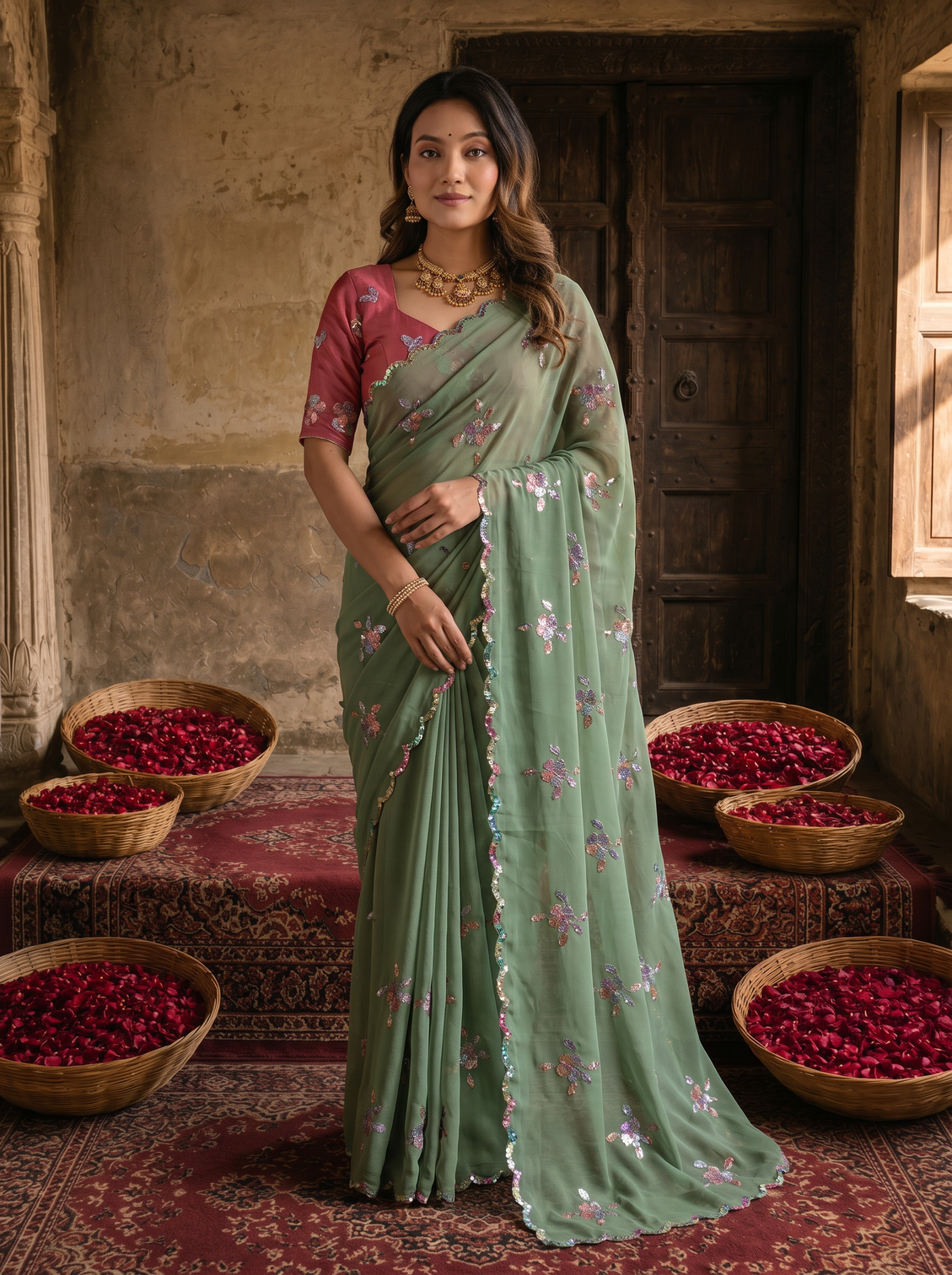 Sage green georgette embroidered saree with floral sequin work designer blouse mameraa