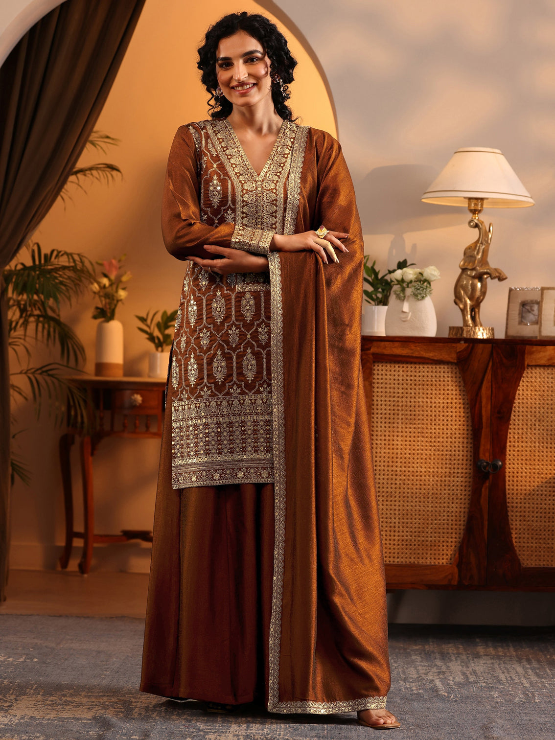 Mameraa Art Brown Embroidered Silk Blend Straight Suit Set With Dupatta