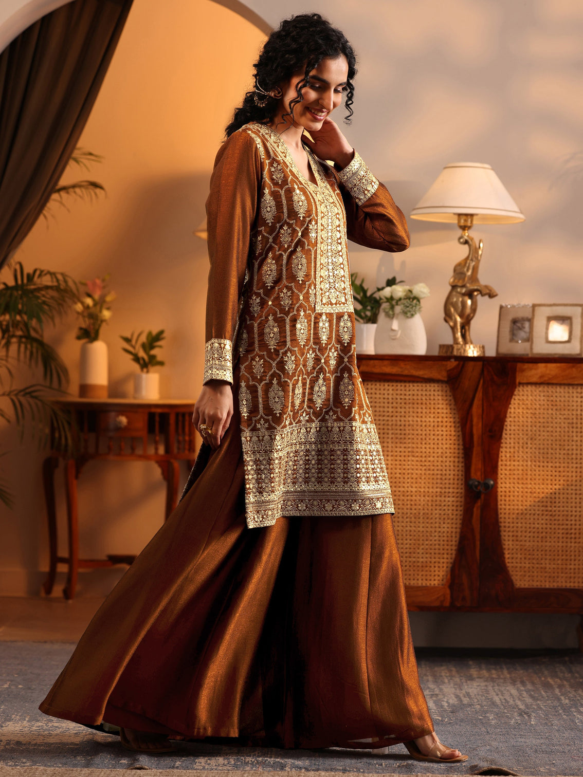 Mameraa Art Brown Embroidered Silk Blend Straight Suit Set With Dupatta