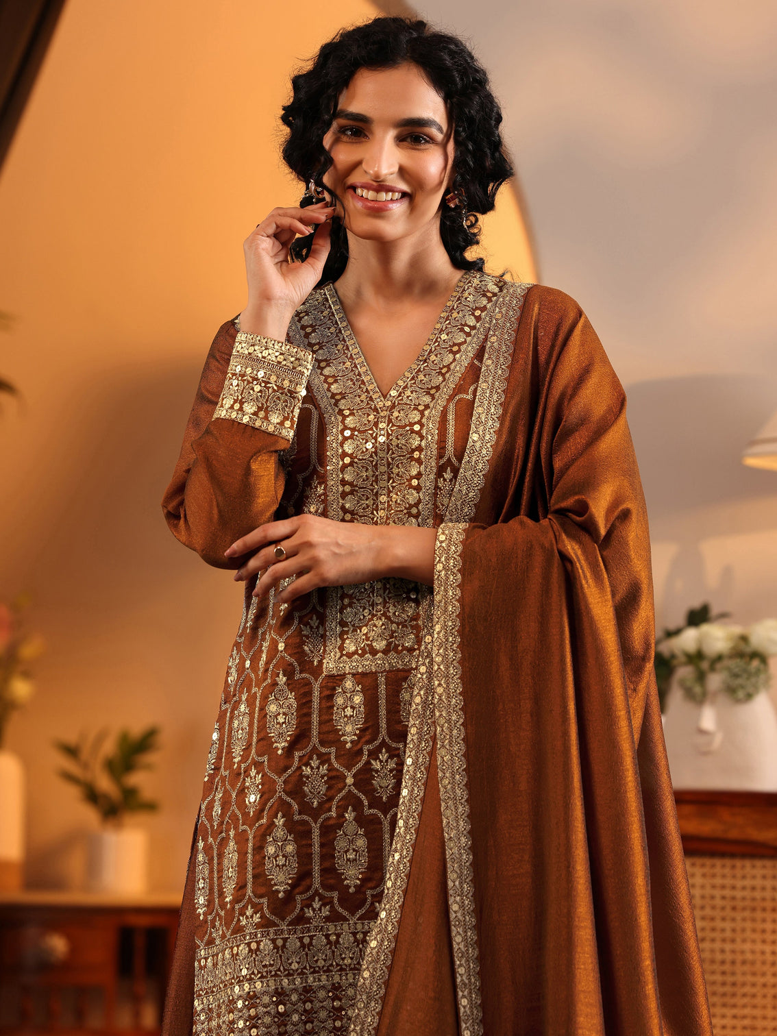 Mameraa Art Brown Embroidered Silk Blend Straight Suit Set With Dupatta