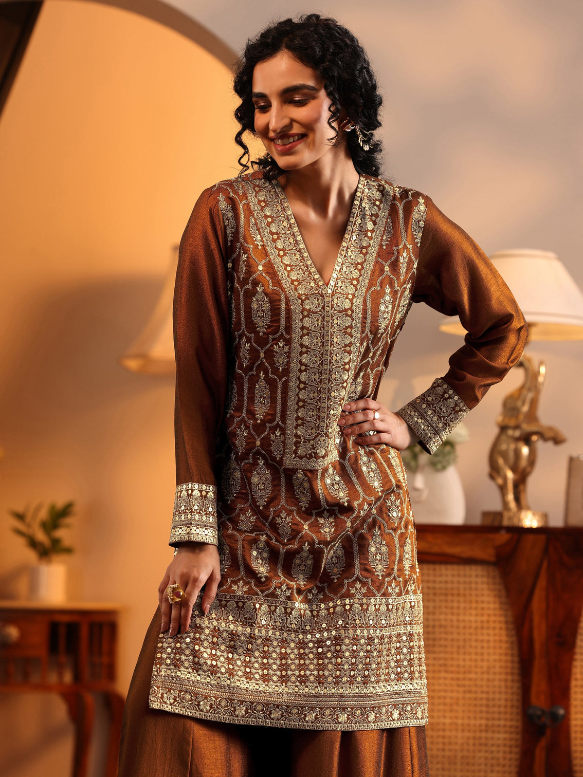 Mameraa Art Brown Embroidered Silk Blend Straight Suit Set With Dupatta