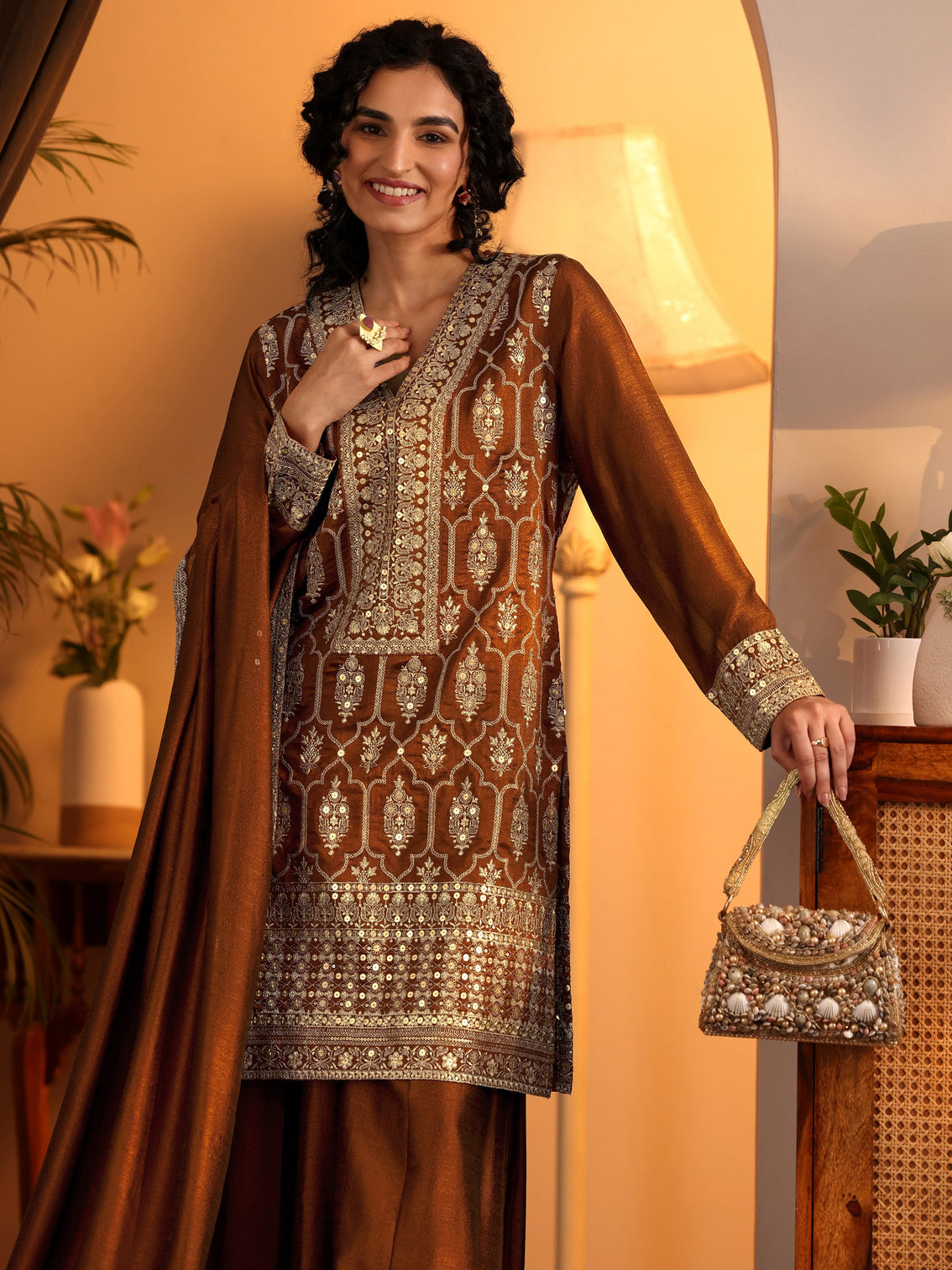 Mameraa Art Brown Embroidered Silk Blend Straight Suit Set With Dupatta