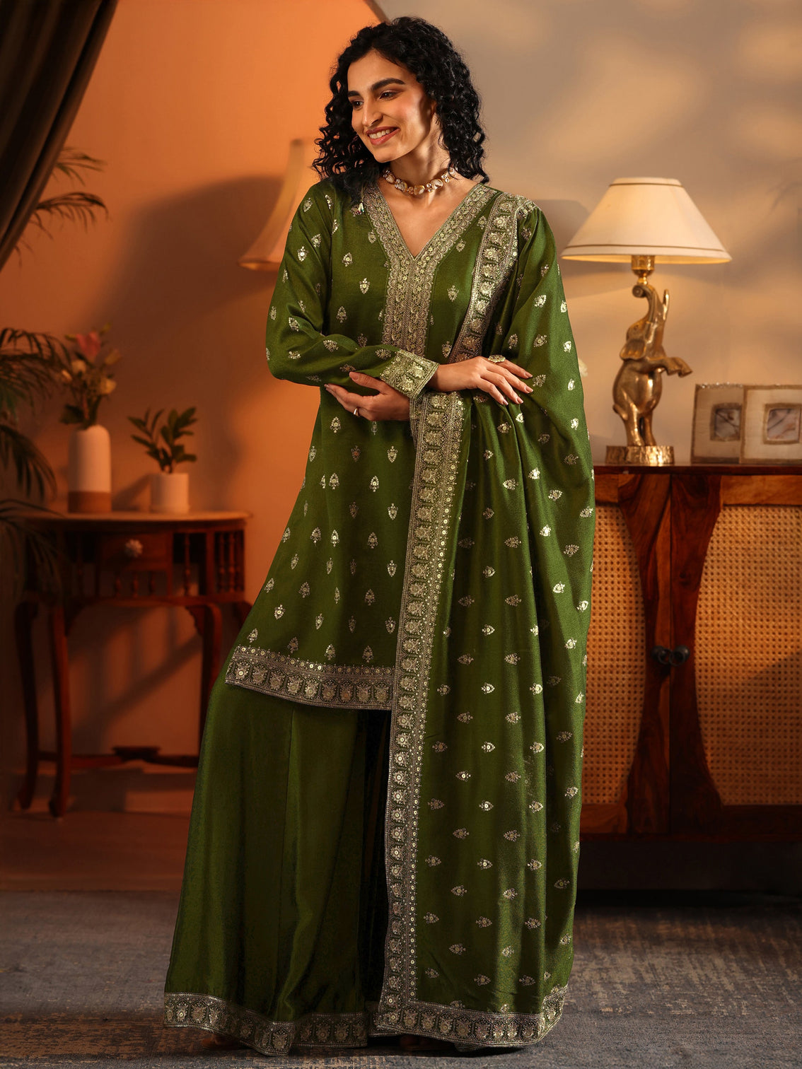 Mameraa Ira Olive Embroidered Silk Blend Straight Suit Set With Dupatta