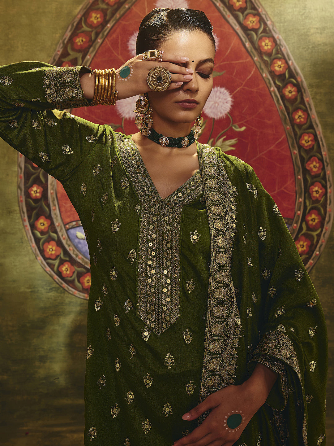 Mameraa Ira Olive Embroidered Silk Blend Straight Suit Set With Dupatta