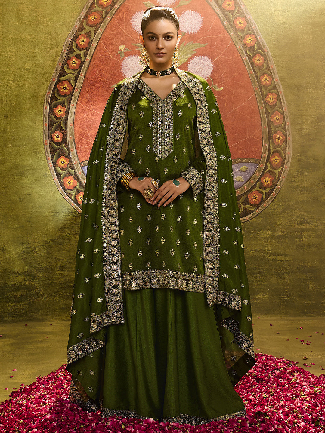 Mameraa Ira Olive Embroidered Silk Blend Straight Suit Set With Dupatta