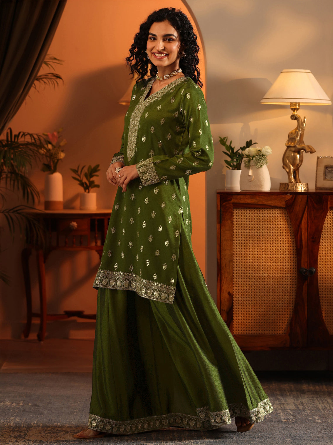 Mameraa Ira Olive Embroidered Silk Blend Straight Suit Set With Dupatta