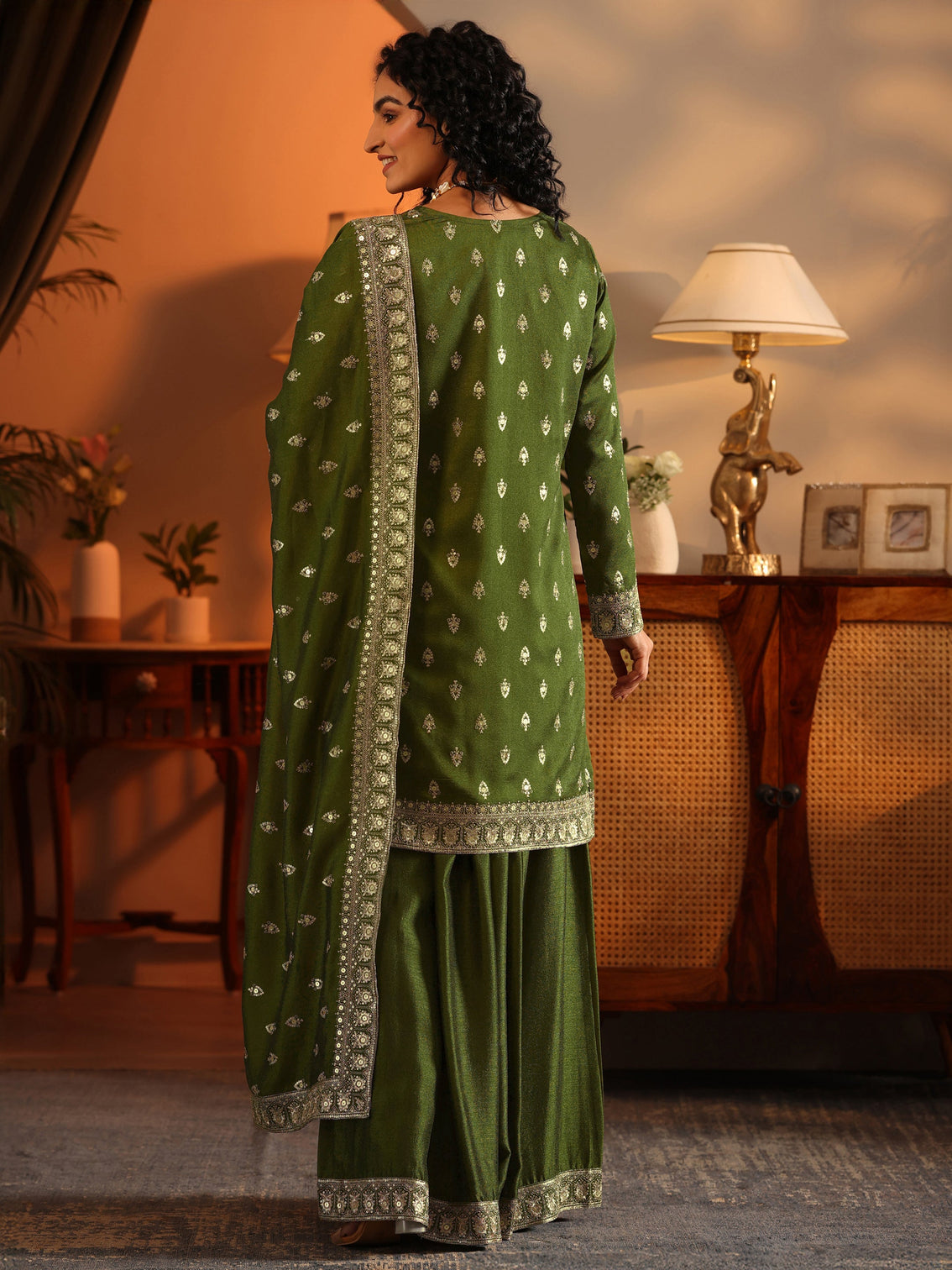 Mameraa Ira Olive Embroidered Silk Blend Straight Suit Set With Dupatta