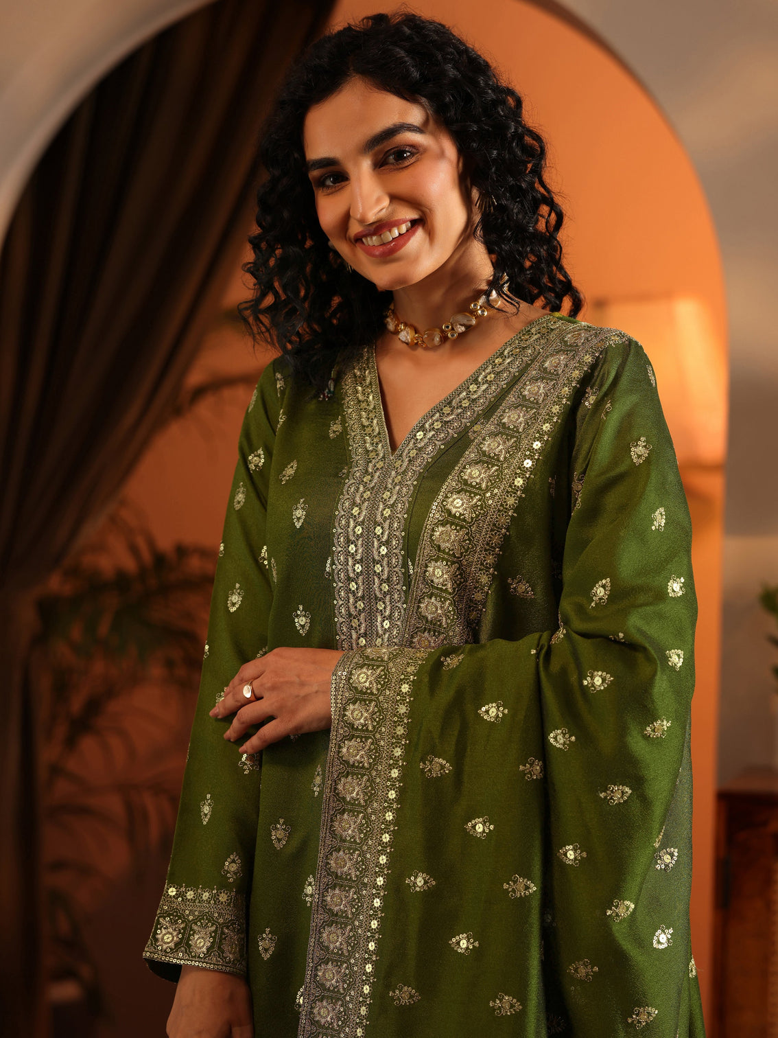 Mameraa Ira Olive Embroidered Silk Blend Straight Suit Set With Dupatta