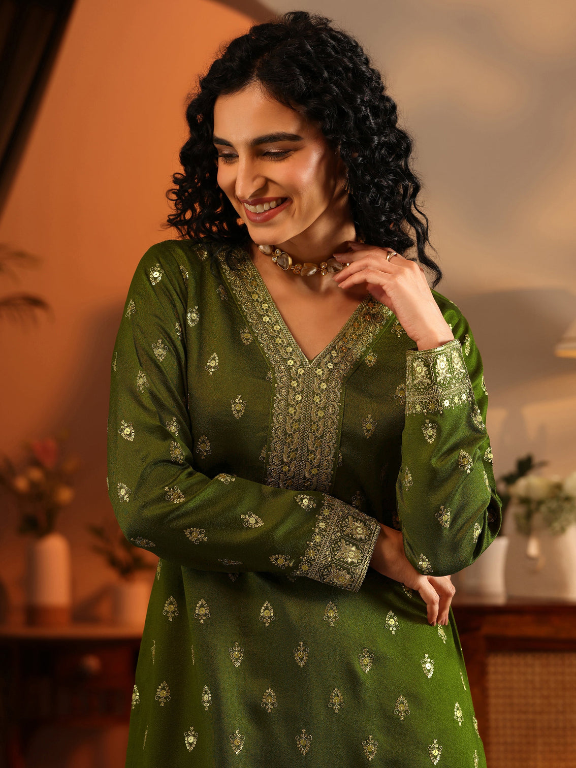 Mameraa Ira Olive Embroidered Silk Blend Straight Suit Set With Dupatta