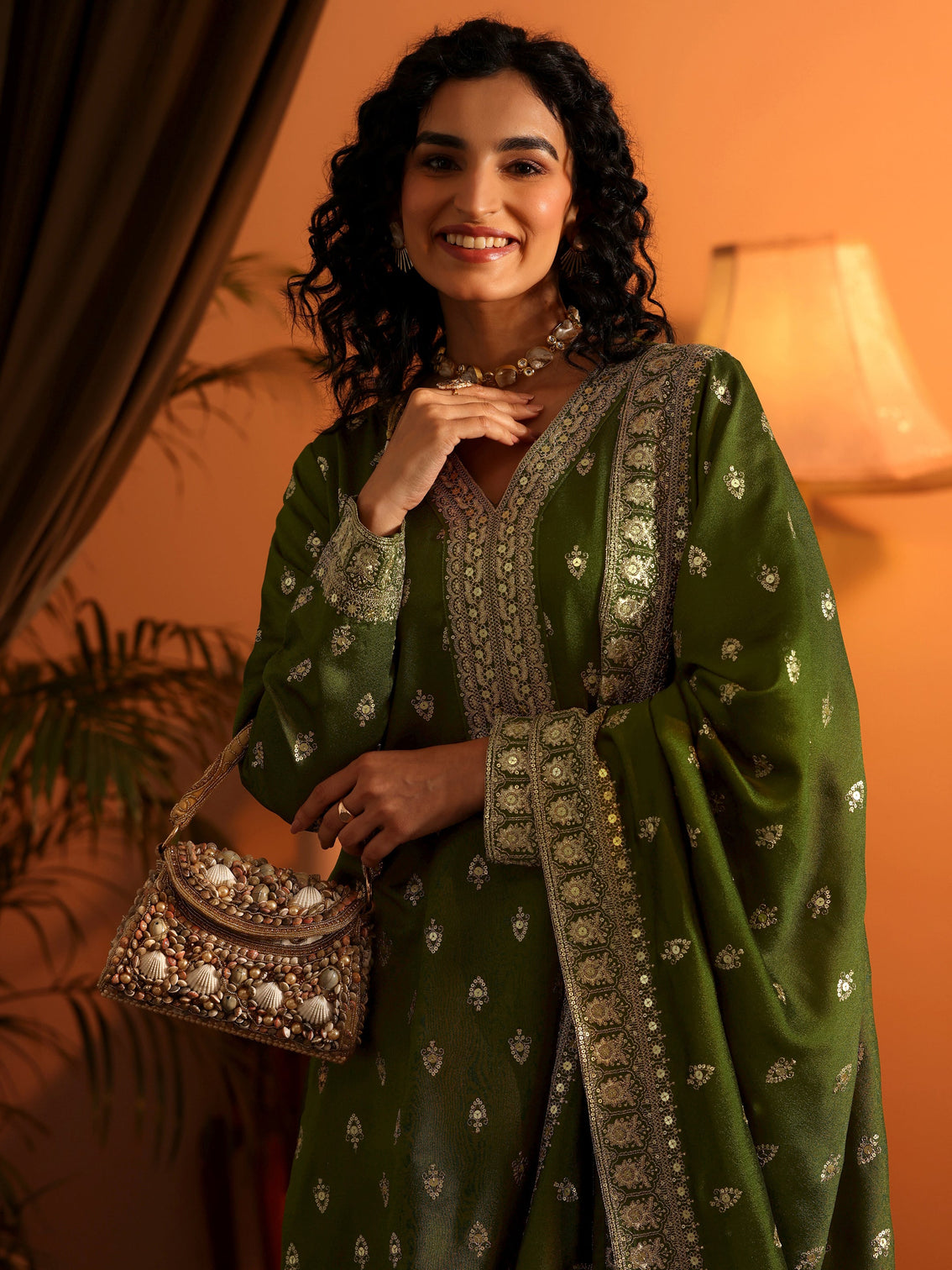 Mameraa Ira Olive Embroidered Silk Blend Straight Suit Set With Dupatta