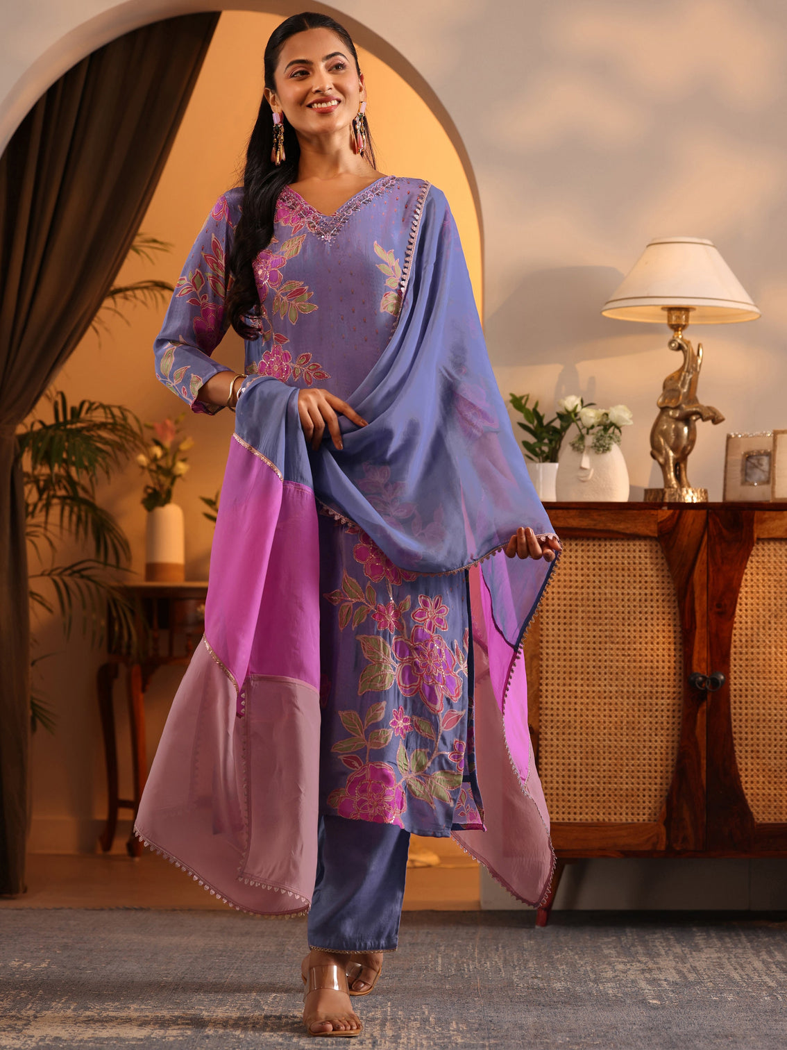Mameraa Lavender Embellished Crepe Straight Suit Set With Dupatta