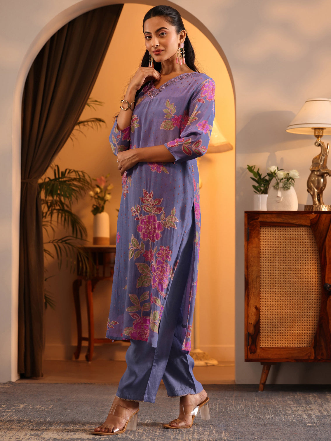 Mameraa Lavender Embellished Crepe Straight Suit Set With Dupatta