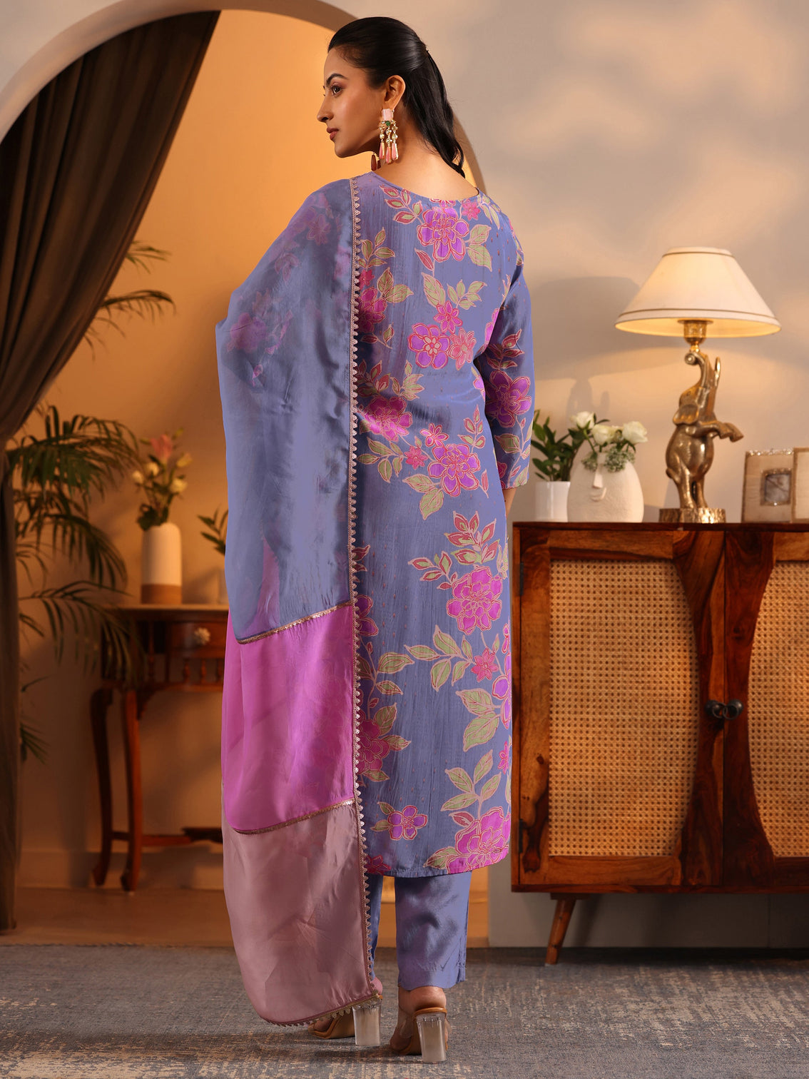 Mameraa Lavender Embellished Crepe Straight Suit Set With Dupatta