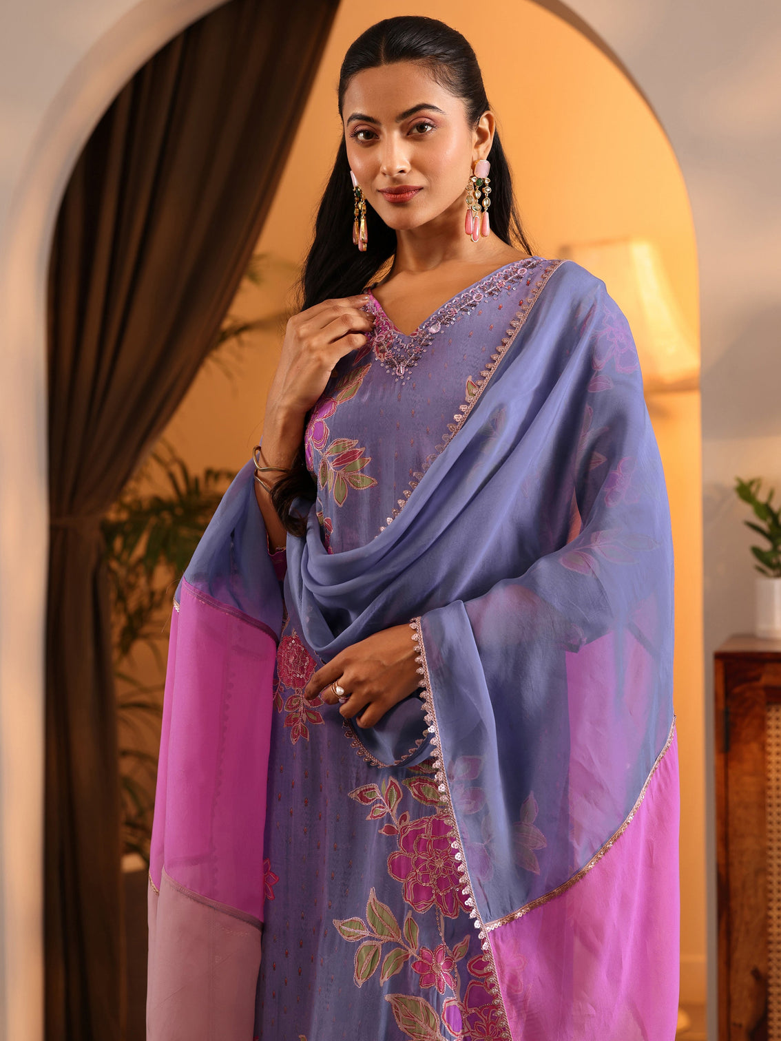 Mameraa Lavender Embellished Crepe Straight Suit Set With Dupatta