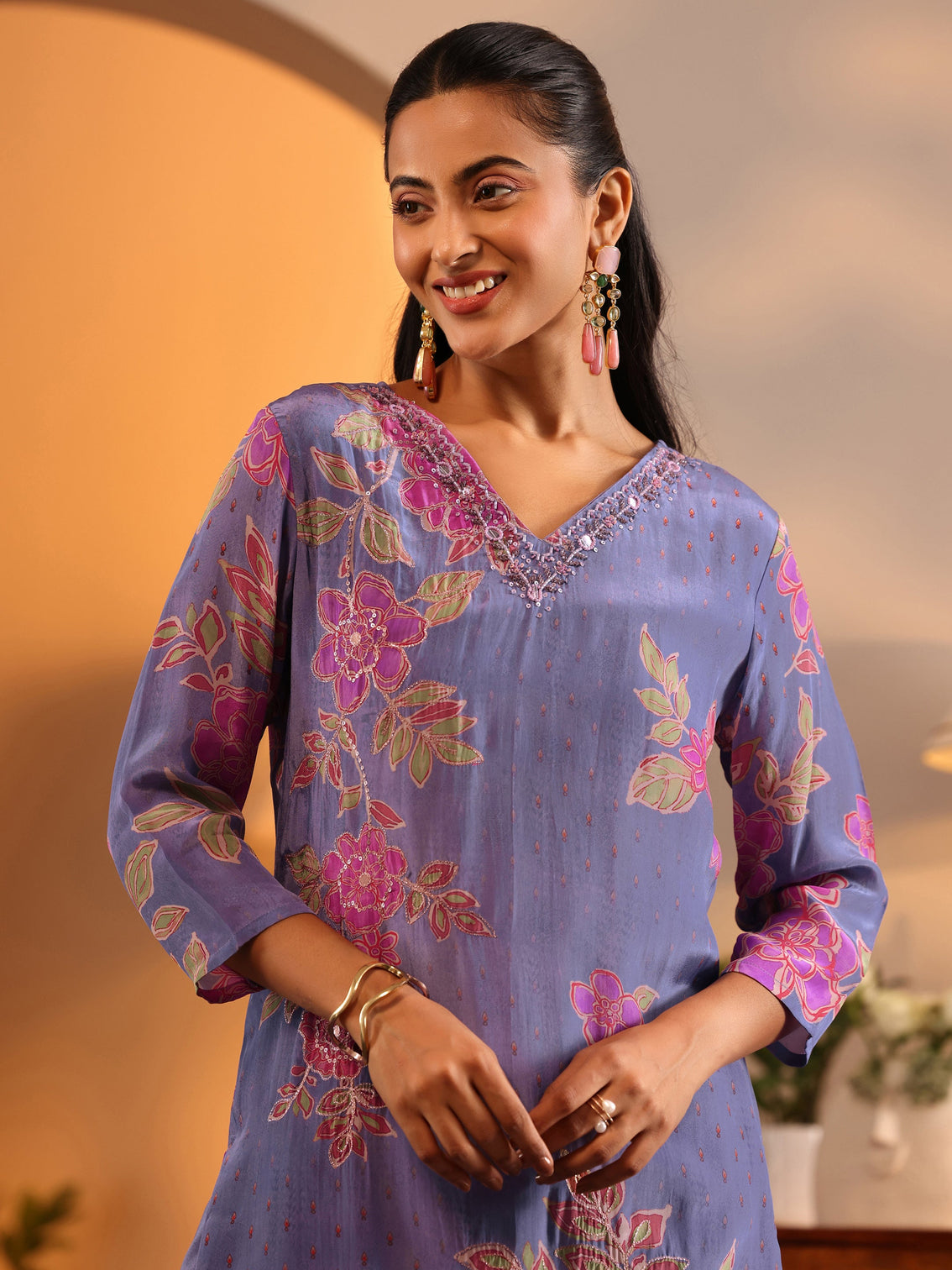 Mameraa Lavender Embellished Crepe Straight Suit Set With Dupatta