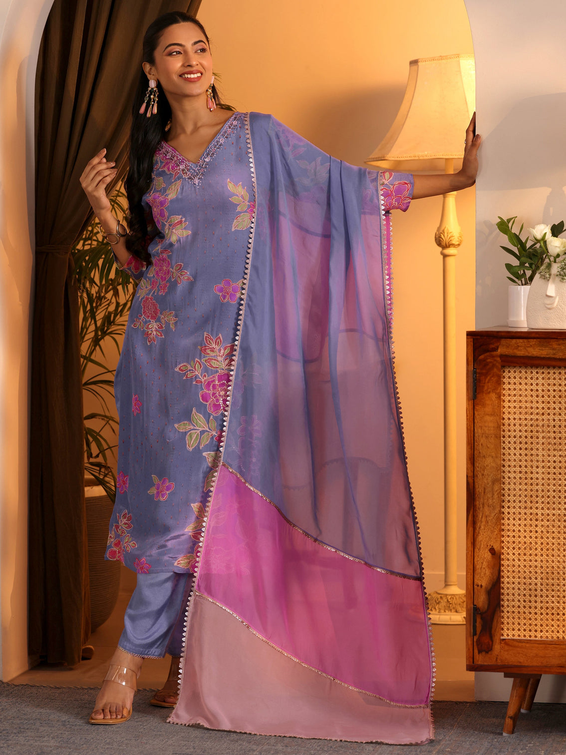 Mameraa Lavender Embellished Crepe Straight Suit Set With Dupatta