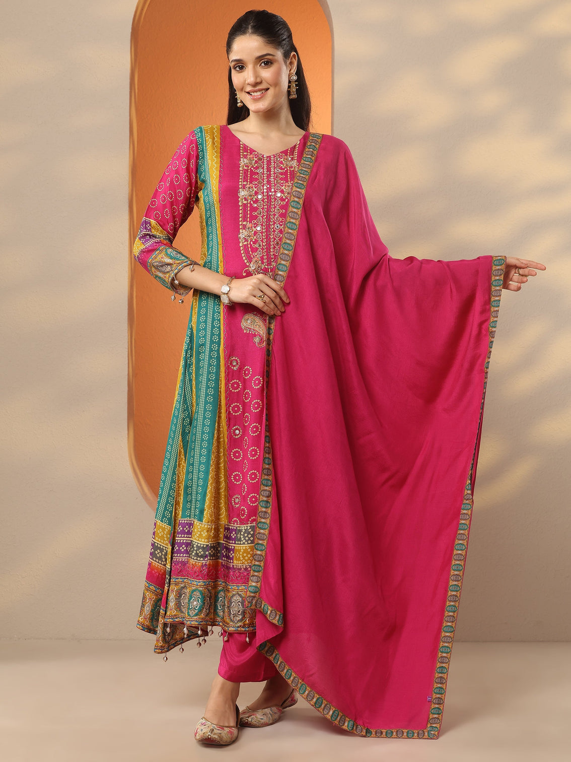 Mameraa Multi Bandhani Printed Silk Blend A-Line Suit Set With Dupatta