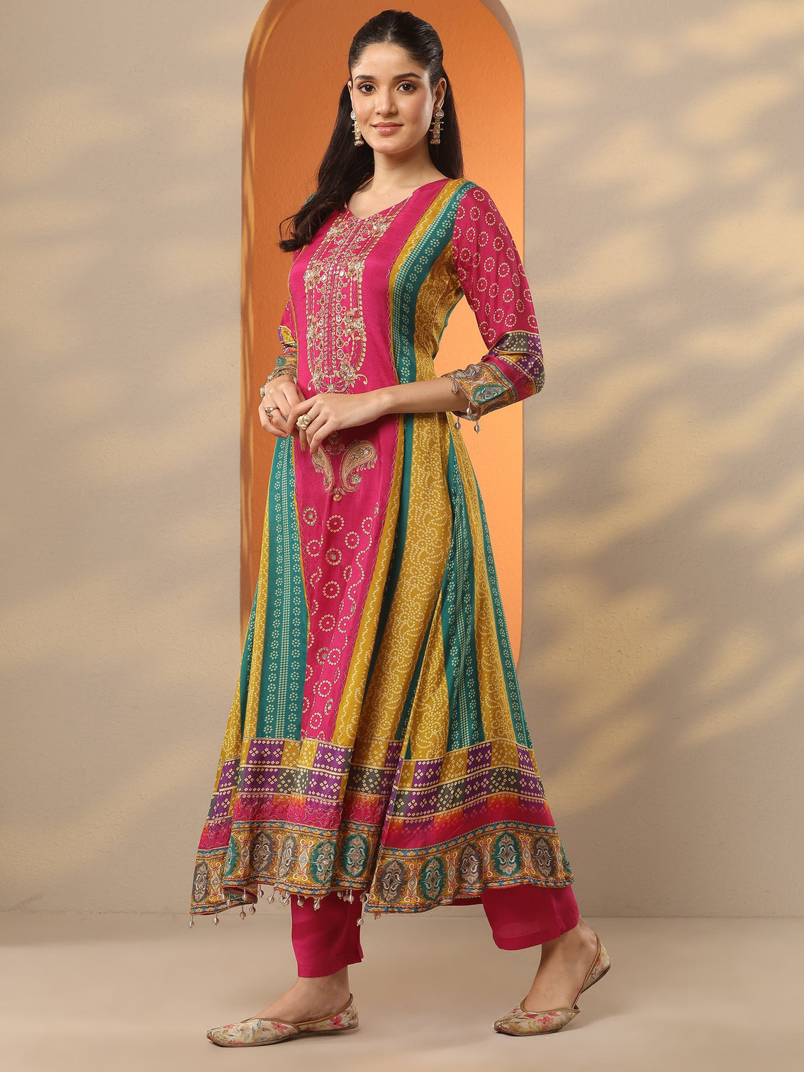 Mameraa Multi Bandhani Printed Silk Blend A-Line Suit Set With Dupatta