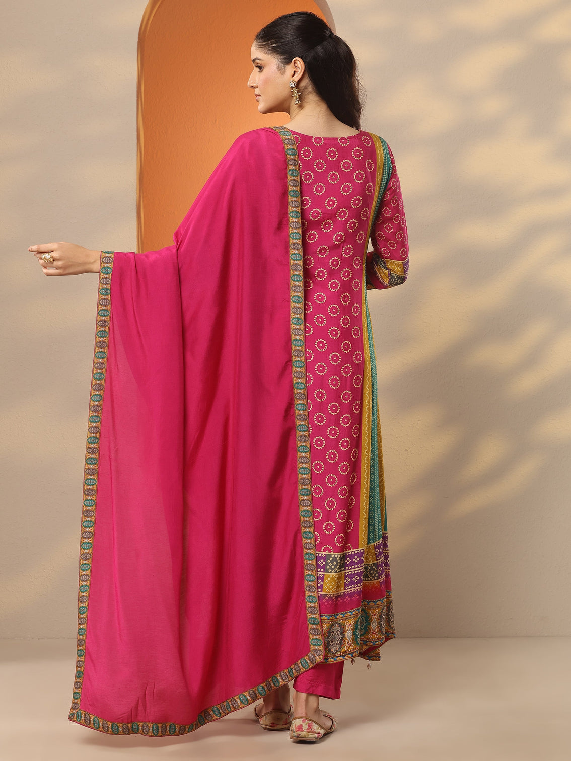 Mameraa Multi Bandhani Printed Silk Blend A-Line Suit Set With Dupatta
