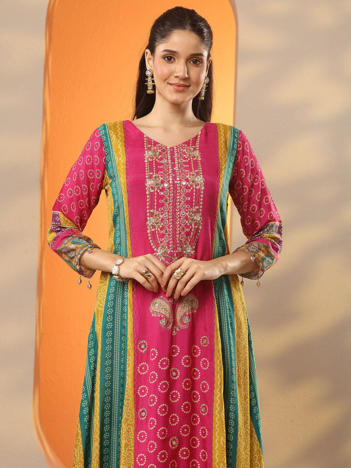 Mameraa Multi Bandhani Printed Silk Blend A-Line Suit Set With Dupatta