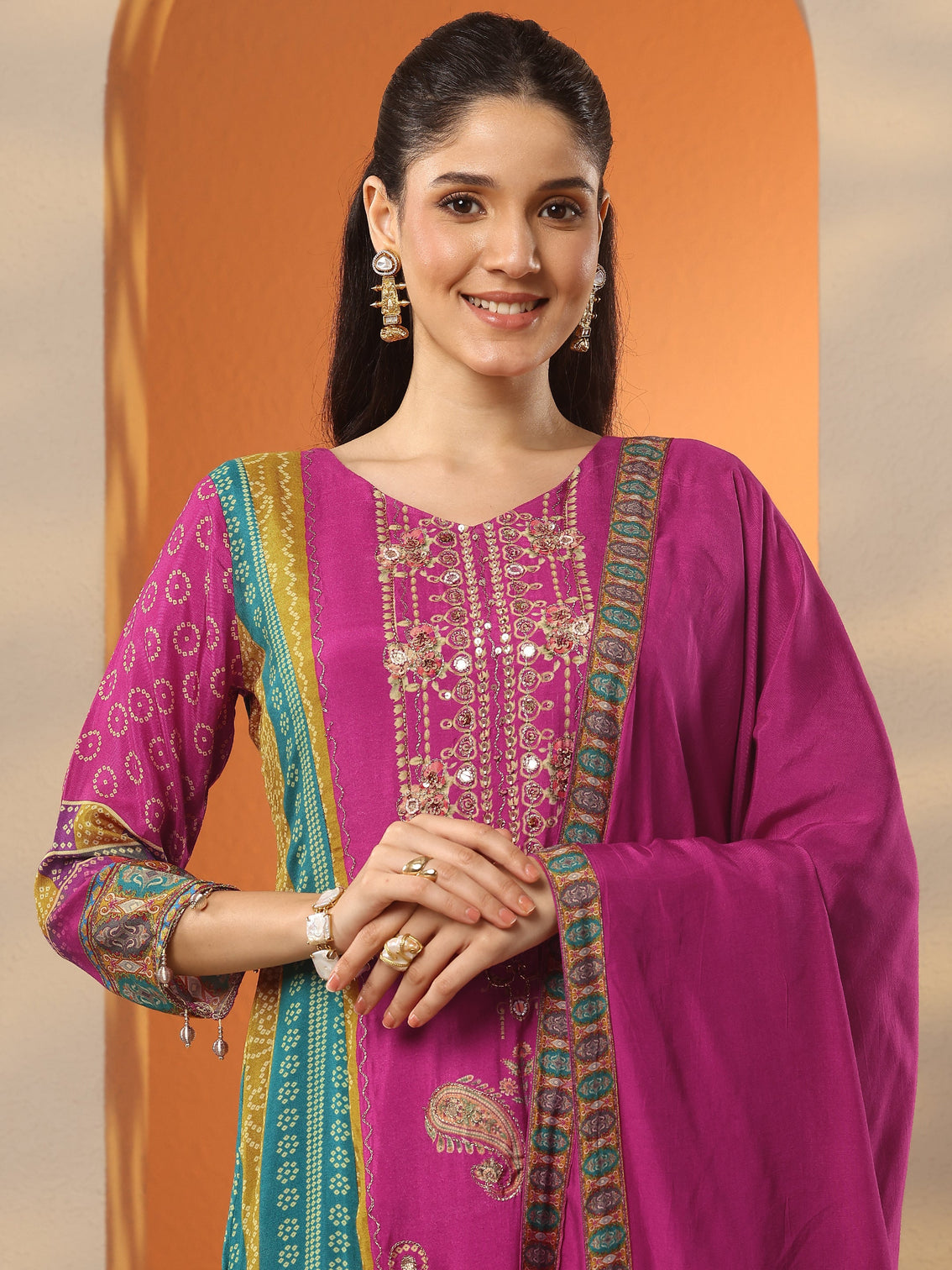 Mameraa Multi Bandhani Printed Silk Blend A-Line Suit Set With Dupatta