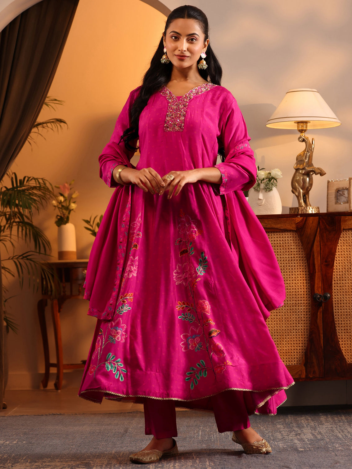 Mameraa Pink Printed Silk Blend Anarkali Suit Set With Dupatta