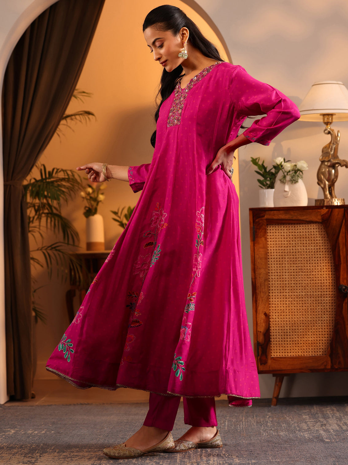 Mameraa Pink Printed Silk Blend Anarkali Suit Set With Dupatta