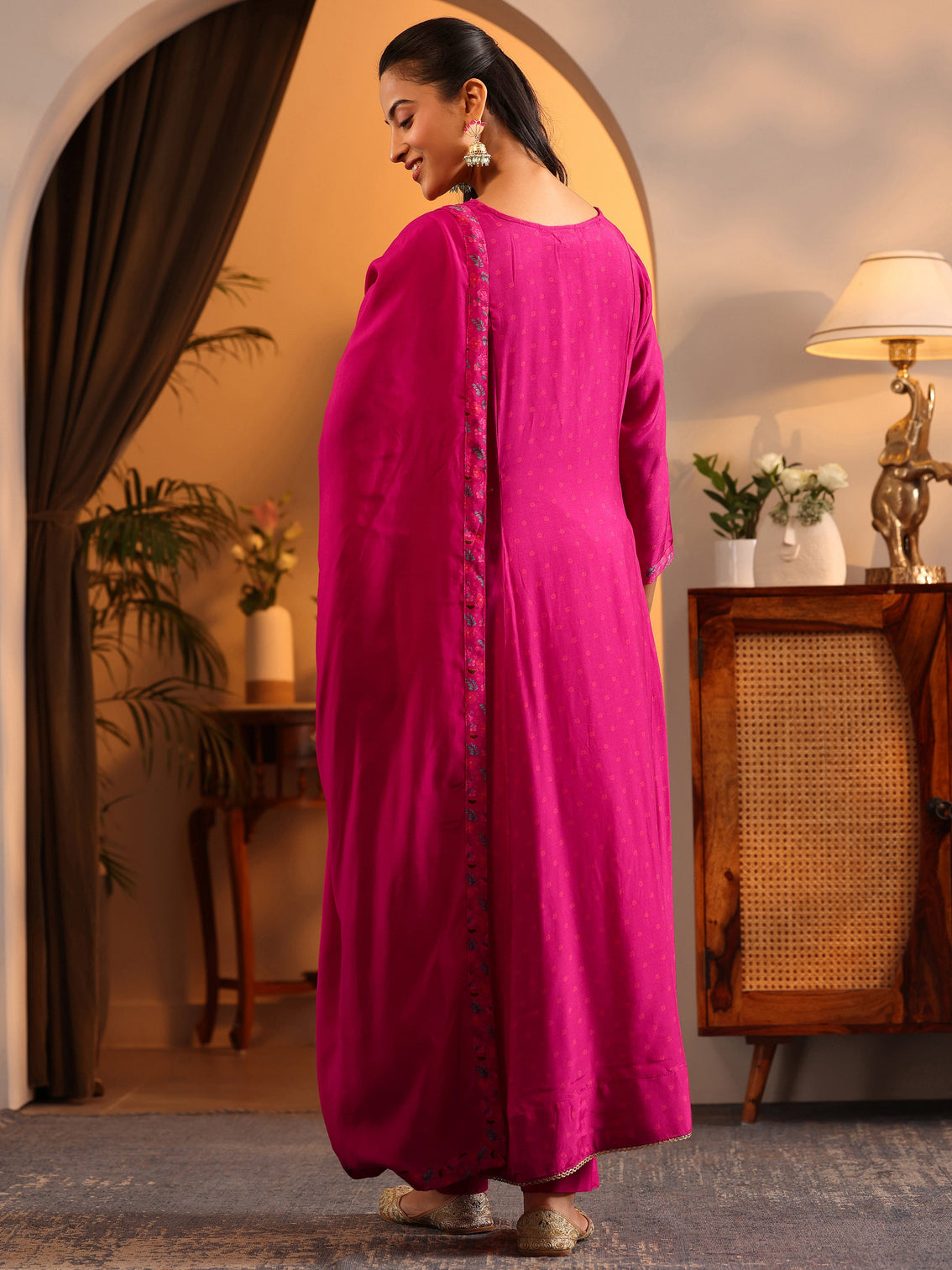 Mameraa Pink Printed Silk Blend Anarkali Suit Set With Dupatta